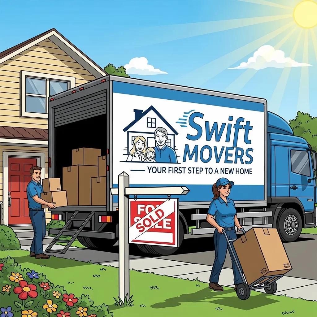 Swift Movers truck unloading boxes outside a house, featuring a "For Sale" sign marked "Sold," representing the impact of digital marketing on lead generation for moving companies.