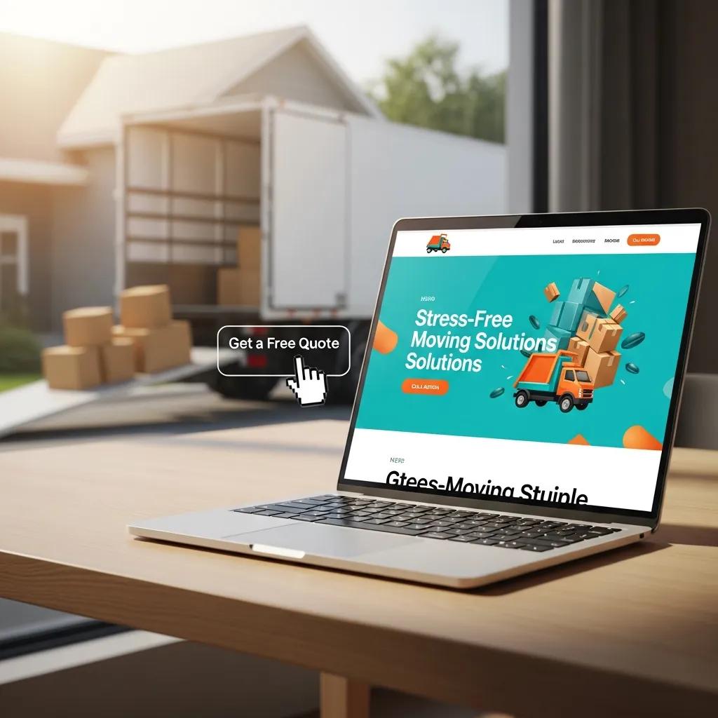 Laptop displaying a user-friendly moving company website featuring "Stress-Free Moving Solutions" and a "Get a Free Quote" button, with a moving truck and boxes in the background.