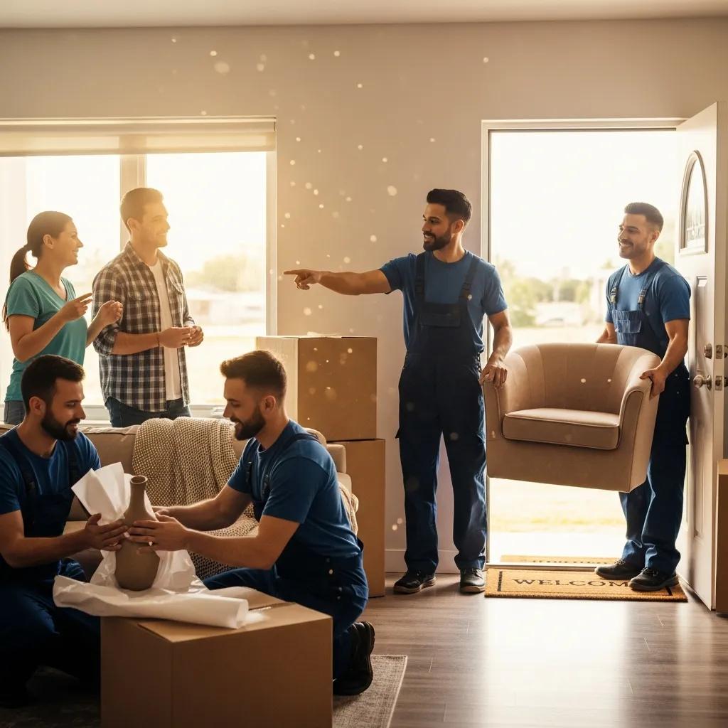 Moving team providing exceptional service to satisfied customers, showcasing customer advocacy through careful handling of belongings and clear communication in a welcoming home environment.