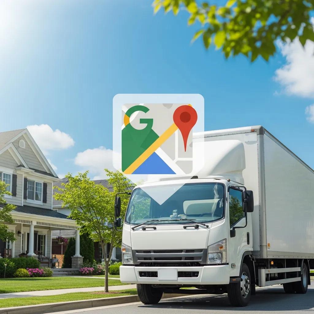 Moving truck parked in front of a house with a Google Maps pin overlay, symbolizing local SEO strategies for moving businesses.