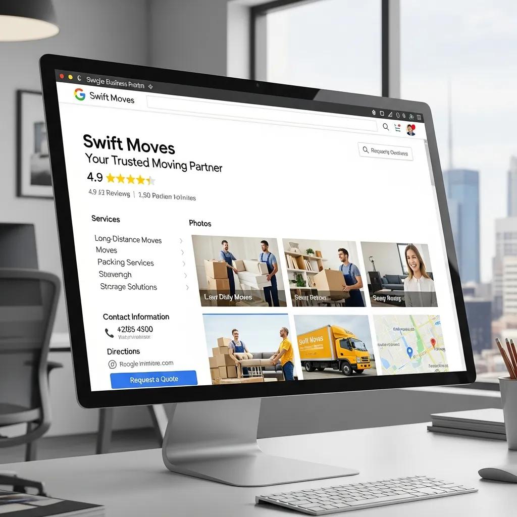 Swift Moves Google Business Profile on a desktop, showcasing high ratings, service offerings like long-distance moves and packing services, and contact information, emphasizing local SEO optimization for moving companies.