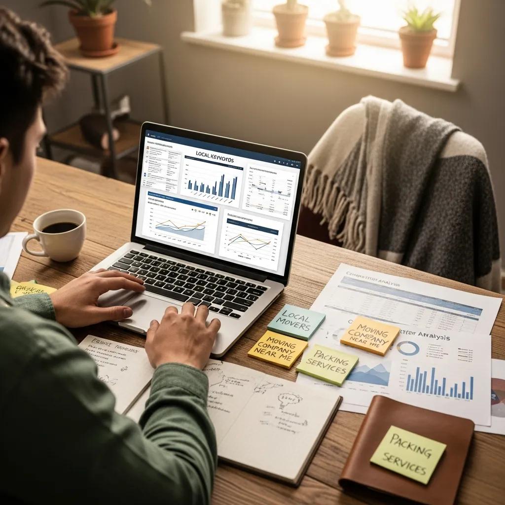 Person analyzing local keyword data on a laptop in a cozy workspace, with sticky notes labeled "Local Movers" and "Moving Company Near Me," alongside charts and graphs reflecting keyword performance for moving companies.