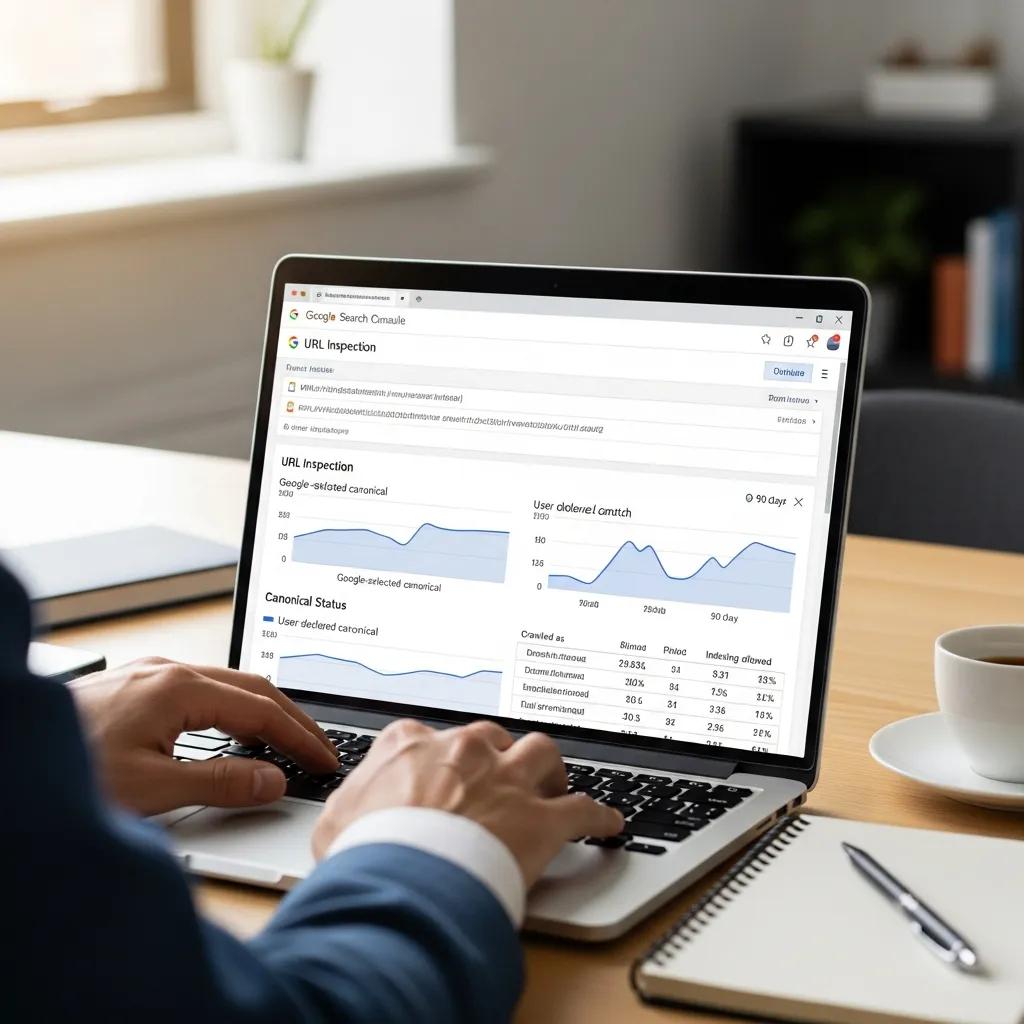 Person monitoring canonical status using Google Search Console on a laptop, analyzing URL inspection and canonical reports for SEO optimization.