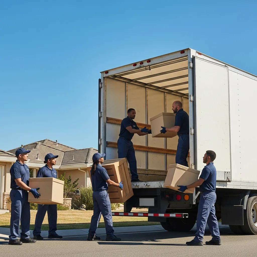 Professional movers efficiently loading boxes into a truck, showcasing moving services and teamwork in a residential setting.