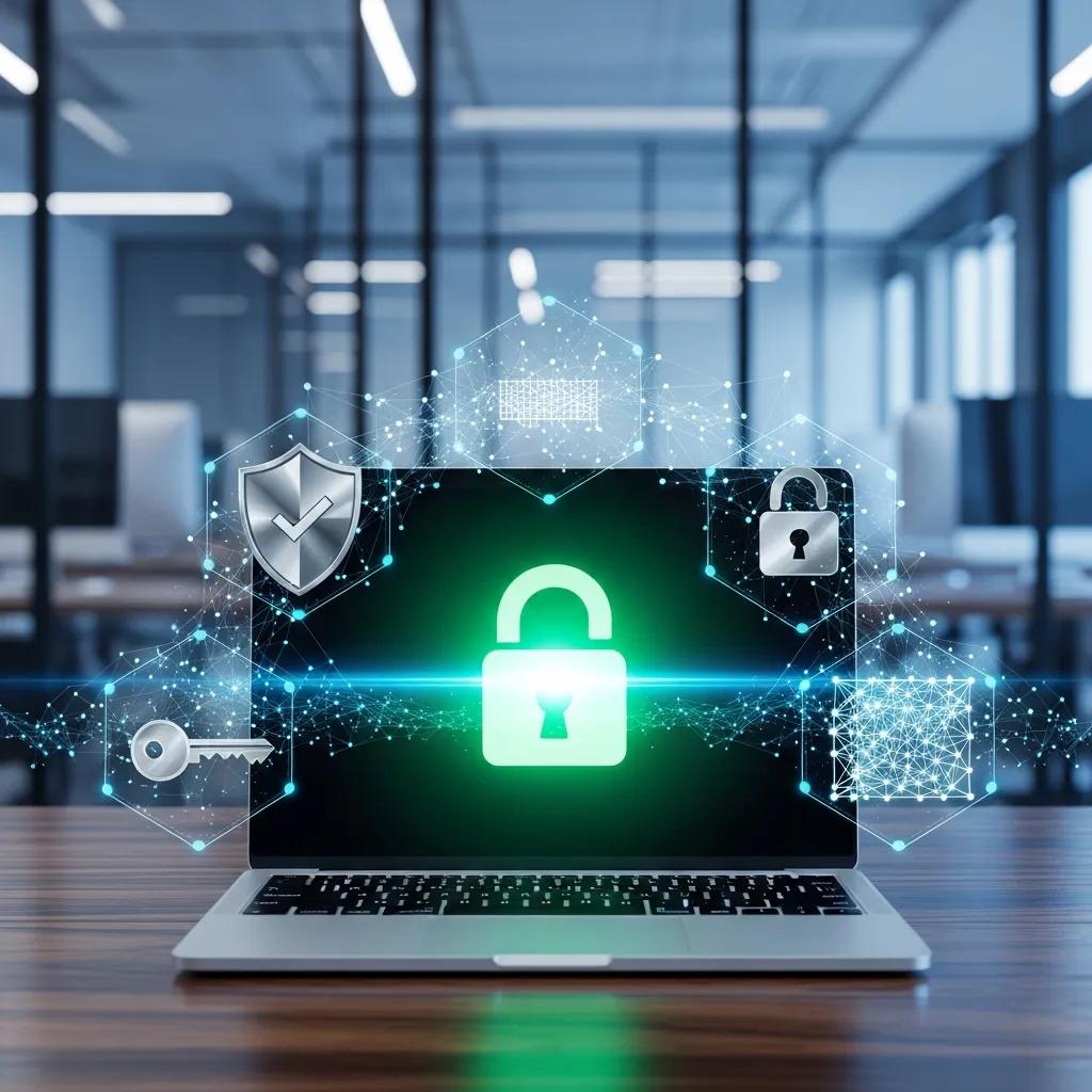 Laptop displaying a green lock symbol, representing website security, with digital security icons and a modern office background, relevant to improving SEO for moving companies.