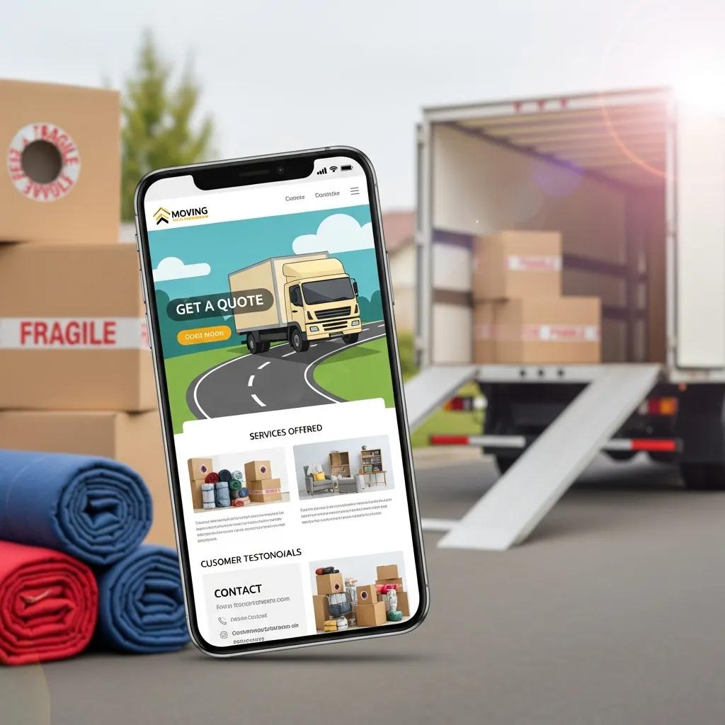Smartphone displaying a mobile-optimized moving service website featuring a "Get a Quote" call-to-action, with moving boxes and a truck in the background, illustrating mobile-first design benefits for local SEO.