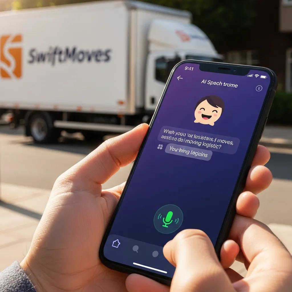 Smartphone displaying an AI voice assistant interface for moving services, with a hand holding the device and a SwiftMoves moving truck in the background, illustrating voice-driven logistics and customer interaction.