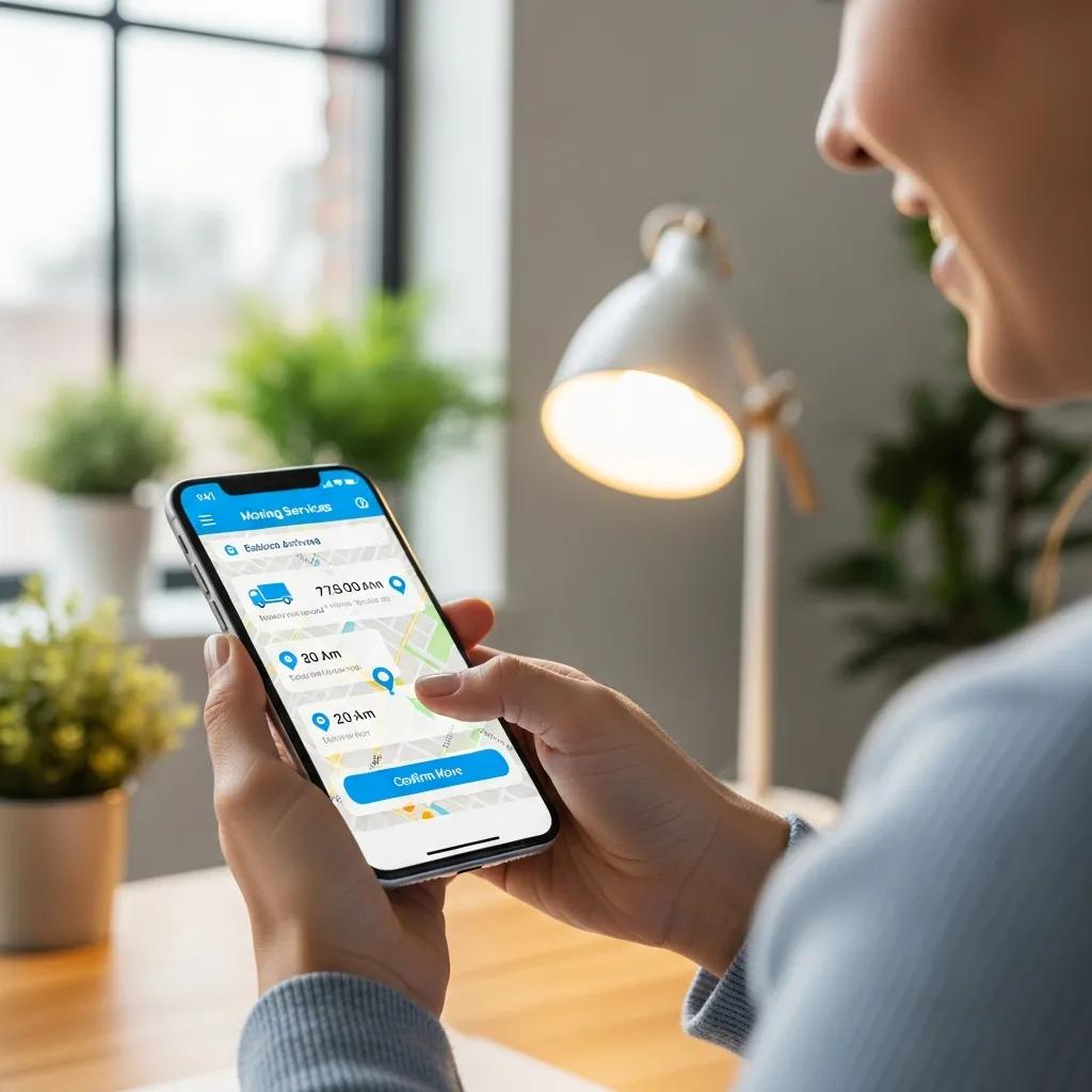 User interacting with a mobile device displaying a moving services app, highlighting user experience and the connection to SEO in a modern workspace.
