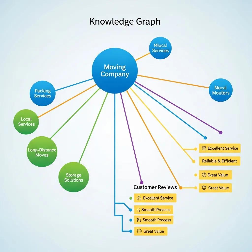 Knowledge graph illustrating connections between a moving company, its services like packing and local moves, and customer reviews highlighting excellent service and reliability.