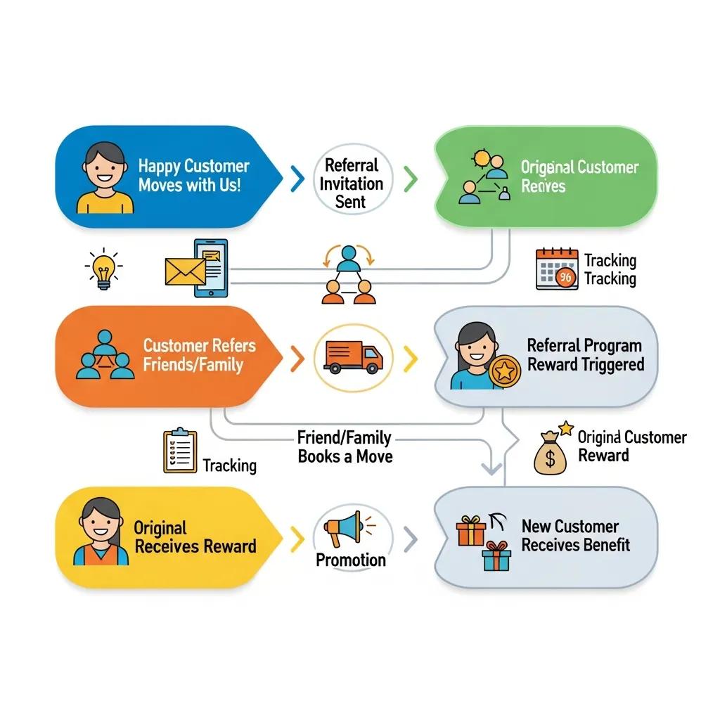 Visual representation of a referral program process for moving companies, illustrating key steps including customer referral, tracking, rewards for original customers, and benefits for new customers.