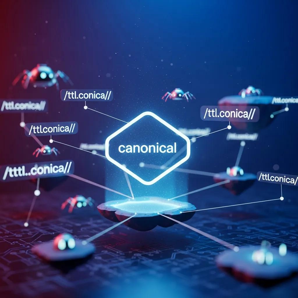 Visual representation of canonical tags and SEO concepts, featuring the term "canonical" highlighted amidst various URL structures, symbolizing SEO strategies for managing duplicate content and improving website indexing.