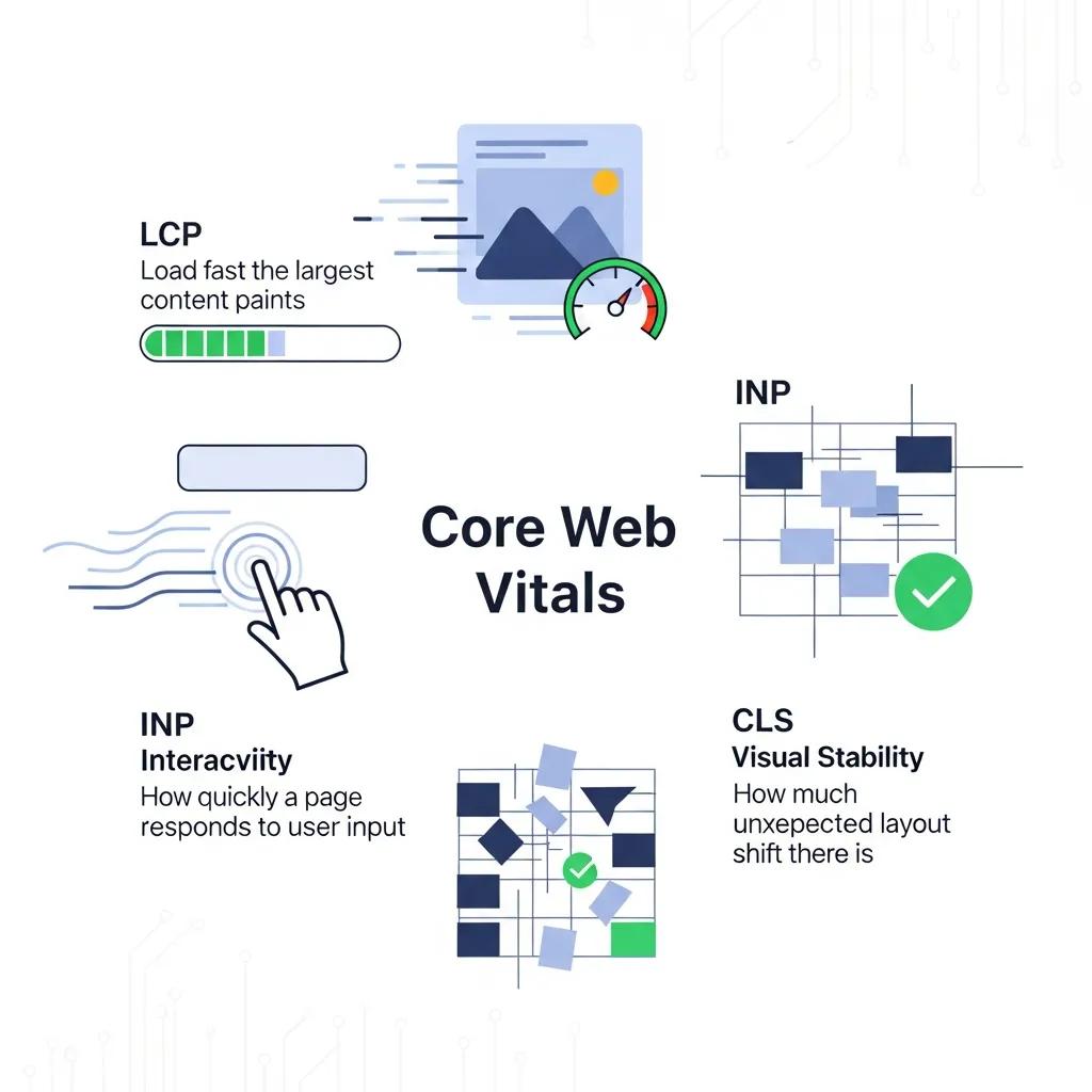 Core Web Vitals infographic illustrating LCP, INP, and CLS metrics, emphasizing their significance in measuring loading speed, interactivity, and visual stability for improved search engine performance.