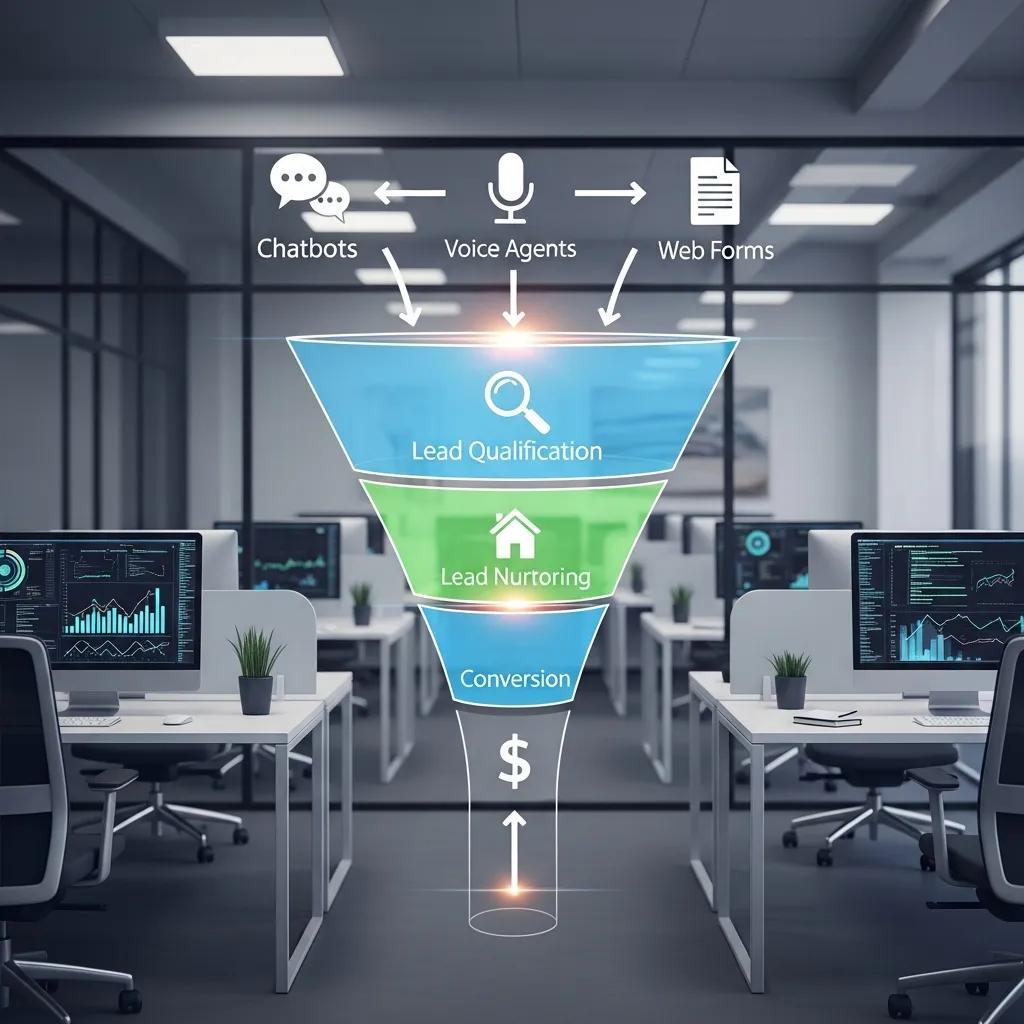 Visual representation of lead generation automation funnel for moving companies, featuring chatbots, voice agents, and web forms, illustrating stages of lead qualification, nurturing, and conversion in a modern office setting.