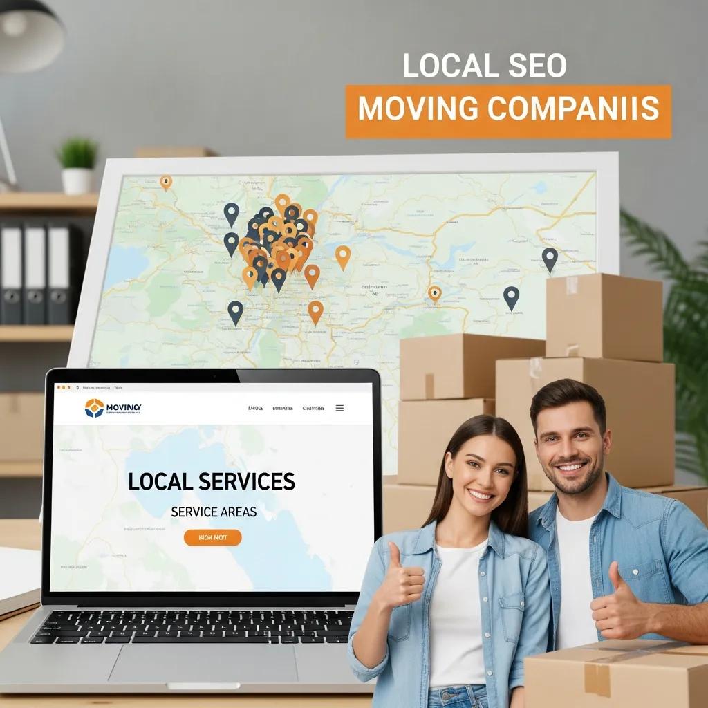 Local SEO strategies for moving companies featuring a laptop displaying service areas, a map with location markers, and two smiling individuals giving thumbs up amidst moving boxes.