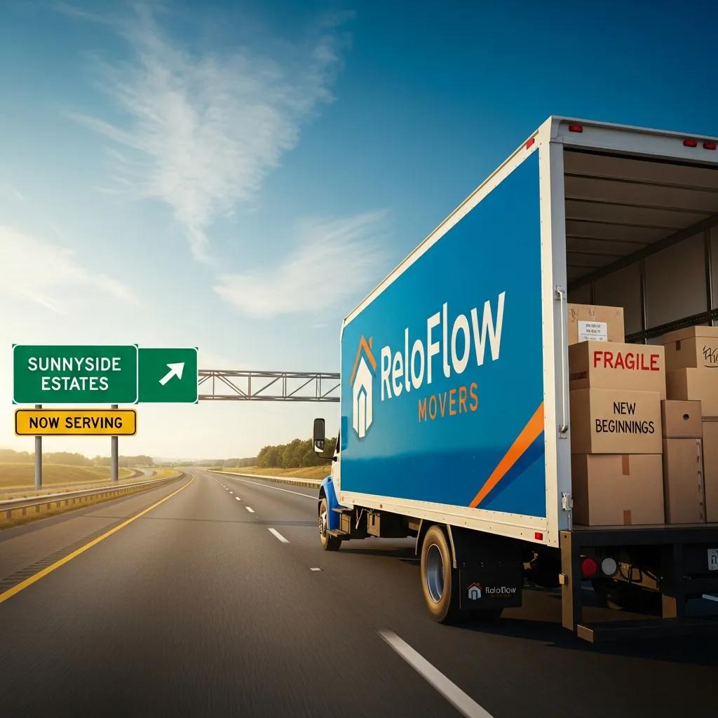 Moving truck from ReloFlow Movers on highway, with sign for Sunnyside Estates and boxes labeled "Fragile" and "New Beginnings," symbolizing service area changes for moving companies.