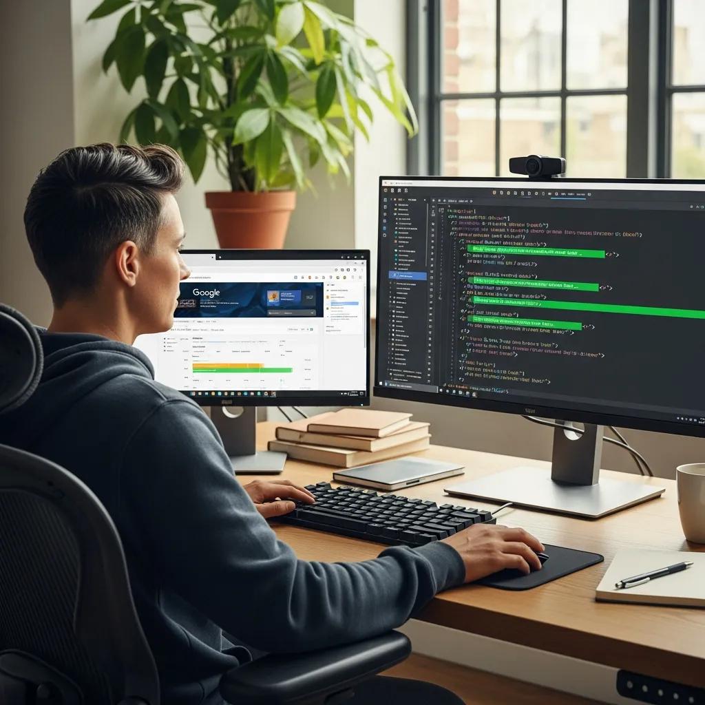 Web developer analyzing canonical tags and SEO data on dual monitors in a modern office setting.