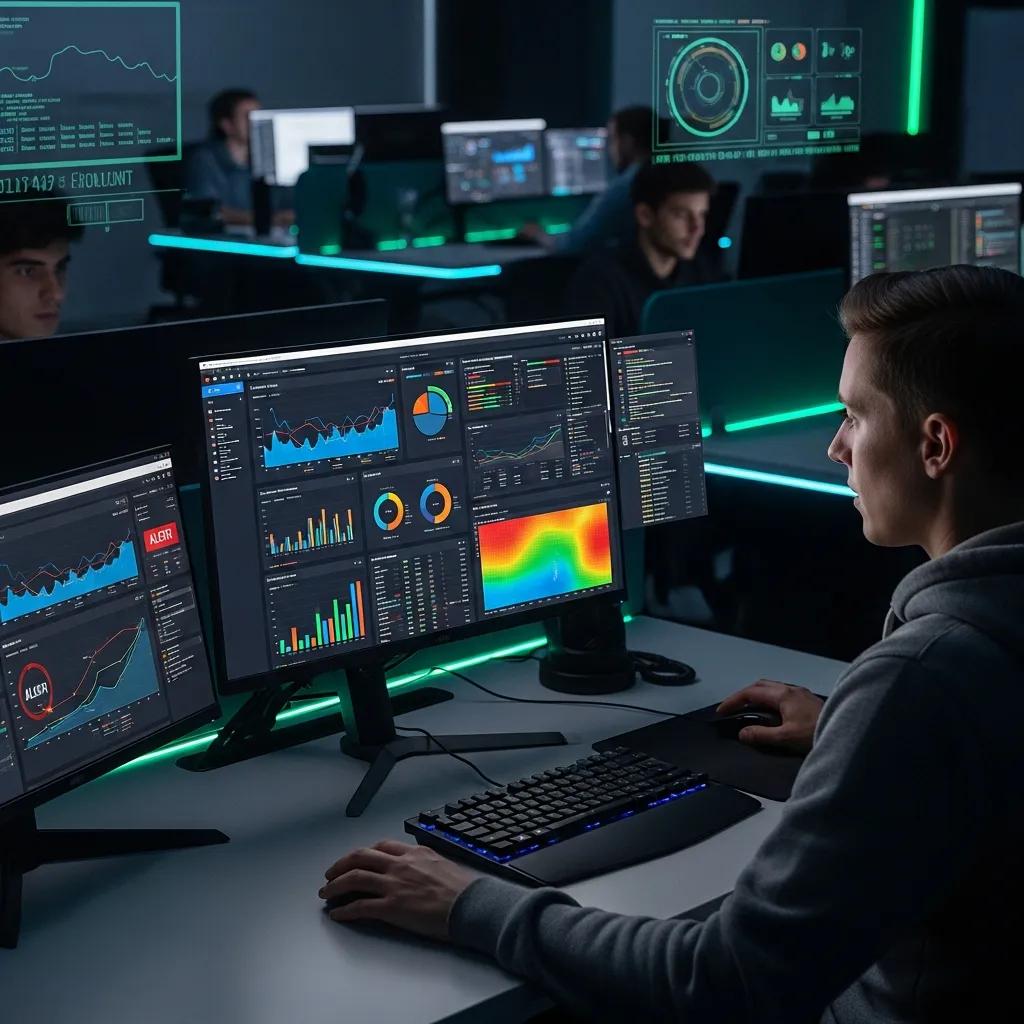 Web developer analyzing website performance metrics on multiple monitors during a crawlability audit, featuring data visualizations, graphs, and alerts relevant to SEO and site optimization.
